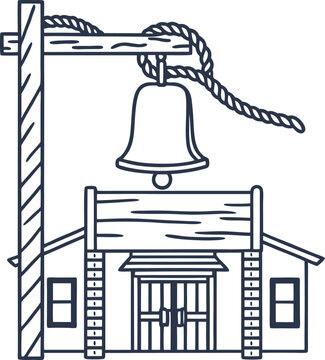 Rustic wood cabin with hanging bell on wooden pole, countryside home exterior design line art