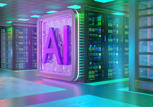 Data center infrastructure and artificial intelligence computing. AI processor operates in server room with high performance cloud technology systems. 3D image