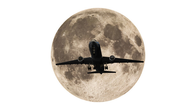 airliner in flight with moon in the background 3d rendering illustration