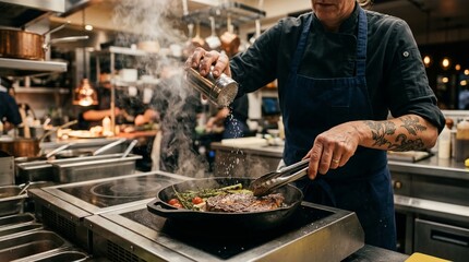 Fototapeta premium A chef's skilled hands season a meal in a busy kitchen, embodying culinary expertise and the art of food preparation, 