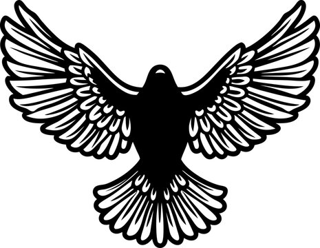 Black silhouette of a bird with outstretched wings, flying spread feathers illustration