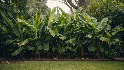 Naklejka na ściany i meble Tropical Banana Plants Creating Dense Garden Fencing Backyard Setting, Lush Greenery