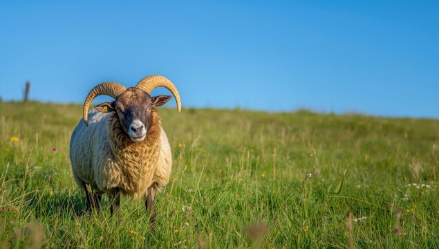 A charming horned Garut sheep playing in the sunlit green grass meadow