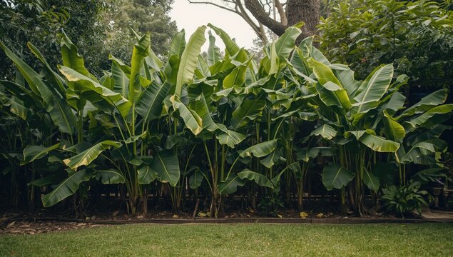 Tropical Banana Plants Creating Dense Garden Fencing Backyard Setting, Lush Greenery