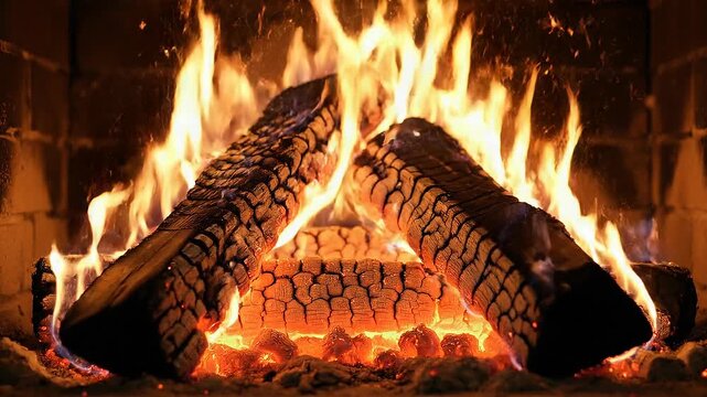 Cozy burning fireplace with glowing logs and bright orange flames creating warm ambiance