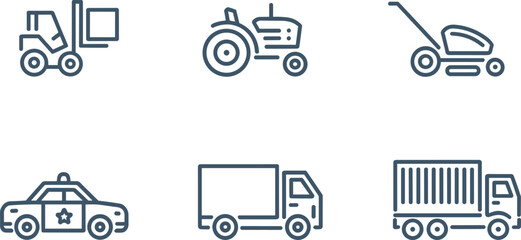 Vehicle and machinery icon collection vector illustration, forklift, tractor, lawnmower, truck and police car symbols isolated background © Arif