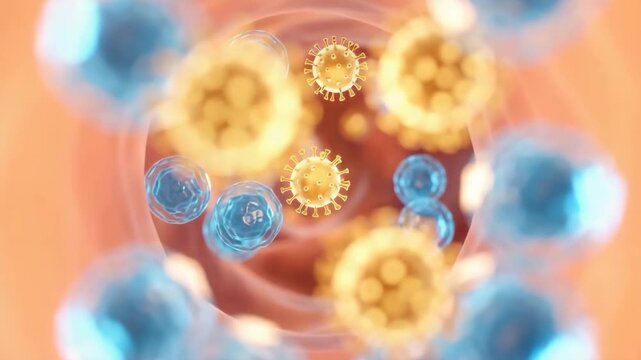 An immune cells blocking virus particles inside a blood vessel for covid 19 awareness and wellness protection