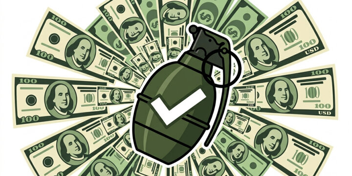 Approved risk concept grenade with check icon and dollar money burst vector illustration isolated on white background