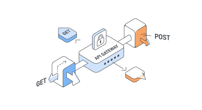 Isometric API Gateway Illustration showing GET and POST Web Requests and Secure Backend Architecture