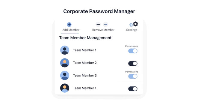 Corporate Password Manager Dashboard UI for Team Member Management, Featuring User Access Control, Permissions Toggles, and Administrative Settings in a Modern Design