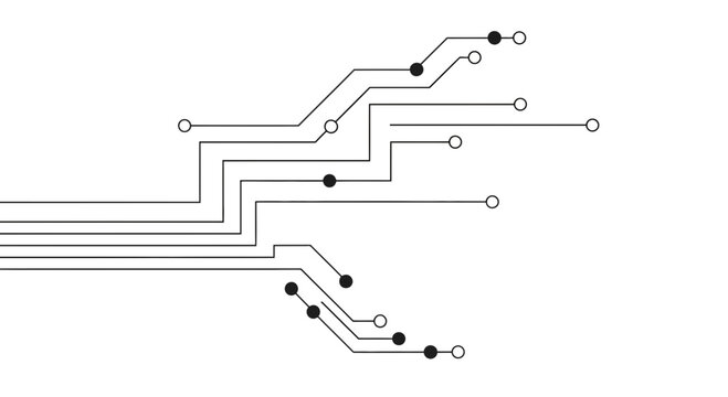 Black and white circuit board design with lines and dots
