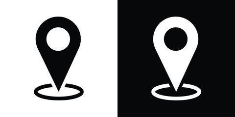 Map pin locator icon with oval base ring. Set of black and white minimalist web icons for navigation, travel mapping, and geographic position pointer design. © bibin
