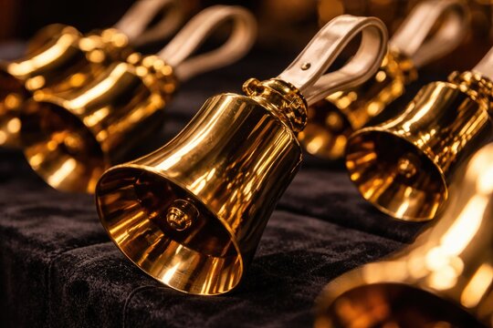Macro shot of gleaming gold handbells waiting to be played