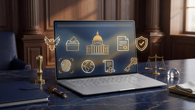 Government technology platform with digital identity and voting icons on laptop, premium e governance background for secure verification, public records, compliance and civic services