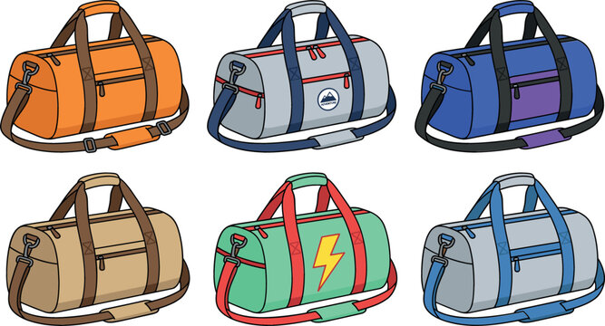Collection of colorful duffel bags and gym sports bags vector set featuring various designs with handles and shoulder straps isolated on white background.
