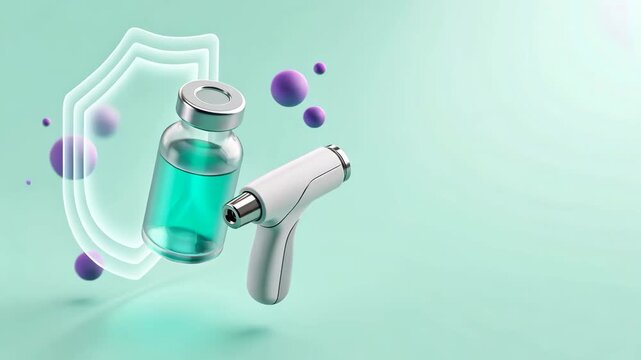A glass vial and jet injector with safety aura in mint space for covid 19 awareness medical wellness concept