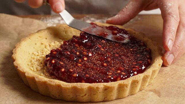 Closeup of a person spreading raspberry jam onto a prebaked tart crust shell on a wooden surface
