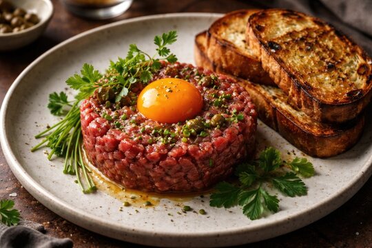 Classic beef tartare plate featuring fresh herb sprigs, a rich egg yolk, and smoky toasted bread slices