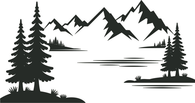 Mountain landscape vector illustration, pine trees and lake scenery, wilderness nature silhouette isolated background