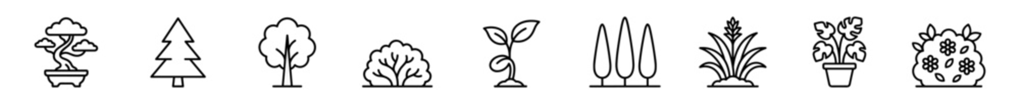 Nature and garden vector icon set with bonsai, trees, shrubs and plant symbols on transparent background