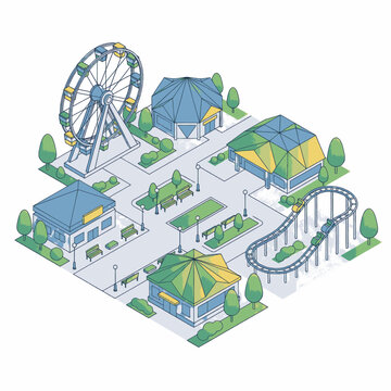 Isometric view of a colorful amusement park with a Ferris wheel and roller coaster.