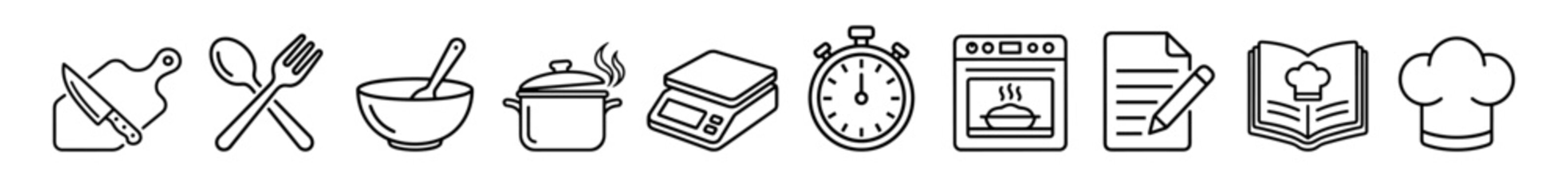 Cooking and kitchen vector icon set with oven, utensils, timer, recipe book and cookware symbols on transparent background