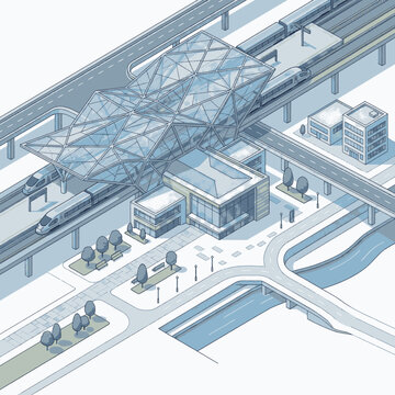 Modern high-speed train station with futuristic glass roof and surrounding infrastructure.