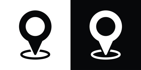 Map pin locator icon with oval base ring. Set of black and white minimalist web icons for navigation, travel mapping, and geographic position pointer design. © bibin