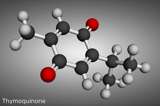 Thymoquinone molecule chemical structure, bioactive phytochemical compound of black cumin Nigella sativa. Molecular model. 3D rendering