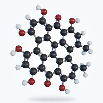 Hypericin molecule, red pigment, a derivative of anthraquinone. Bioactive compound of St John's wort. 3D rendering