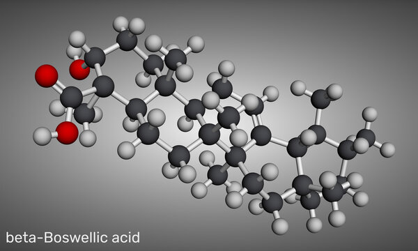 Beta-Boswellic acid pentacyclic terpenoid molecule. Produced by plants in the genus Boswellia, 3D rendering