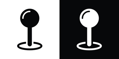 Map pin locator icon with oval base ring. Set of black and white minimalist web icons for navigation, travel mapping, and geographic position pointer design. © bibin