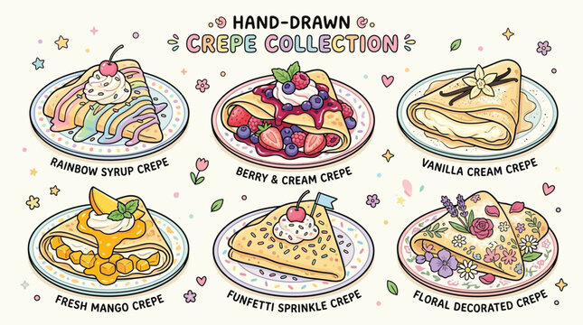 Hand-drawn collection of six delicious crepes with various toppings and decorations.
