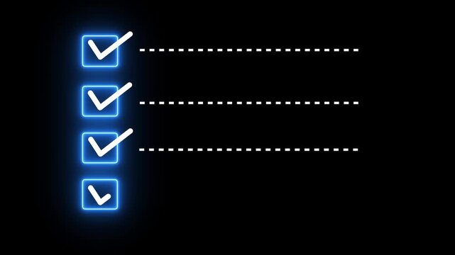 Checklist on the dashed line icon with check marks. Check all the boxes of checklist. Checking a to do list. checklist concept animation on black 4k vido