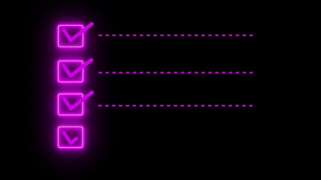 Checklist on the dashed line icon with check marks. Check all the boxes of checklist. Checking a to do list. checklist concept animation on black 4k vido