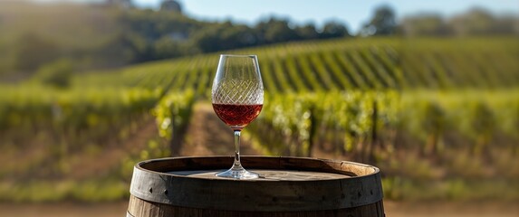 Fototapeta premium Tawny Wine Glass on Barrel Vineyard Background, Warm Light, Alfresco Setting