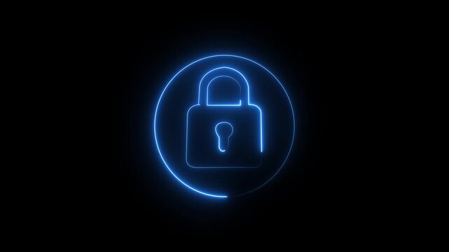 Glowing neon lock and password icon animation into circle. security encryption privacy padlock protection sign symbol. neon unlocked padlock icon. 4K VIDO