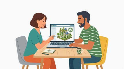 Fototapeta premium People discussing sustainable eco friendly house design on laptop screen with solar panels and green roof