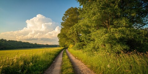 Fototapeta premium Calm country trail with thriving greenery and radiant July light ideal for landscape picture taking