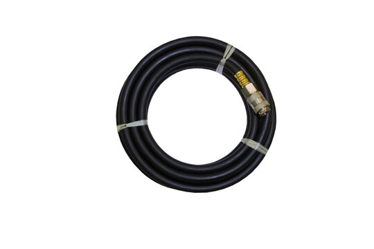 High pressure compressor hose with quick connector isolated, Coiled black rubber air hose with quick release brass coupling (fitting), isolated on white background.