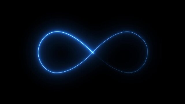 Glowing neon Blue Infinity symbol icon Animation on Black Background. infinity icon animation. Glowing infinity loop, neon energy flow in darkness. Eternity concept. Mathematical symbol of science