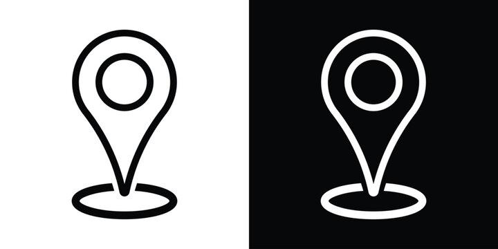 Outline map location pin with oval base ring vector icon. Clean black and white linear style navigation marker symbols for modern user interface and minimalist web design.