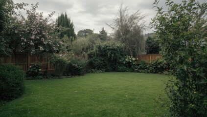 Obraz premium Calm Backyard Scene with Green Lawn and Flowering Shrubs Cloudy Afternoon, Lush Vegetation