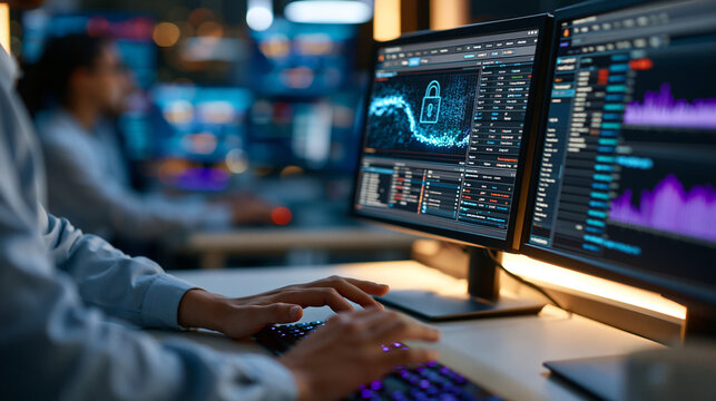 A pair of hands at a bright workstation carefully reviewing a dual screen cybersecurity compliance dashboard one screen showing encrypted data flow and the other showing user