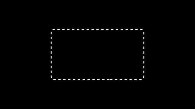 Dotted line rectangle frame animation on black background. Animation of a dotted line path from left to right point. border frame dotted line animation isolated on black screen 4k vido