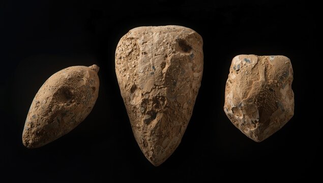 Ancient Paleolithic burin stone tools of Acheulean culture set on black