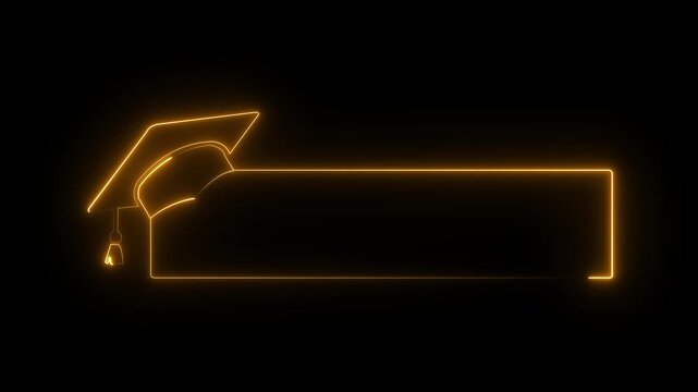glowing neon graduation cap and blank frame icon isolated on black background. Graduate college, high school or educational cap symbol. degree ceremony hat with line stroke border. 4k video