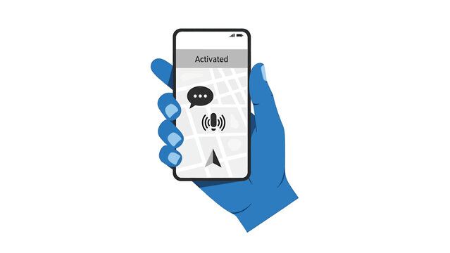 A hand holding a smartphone displays a map with navigation icons on the screen
