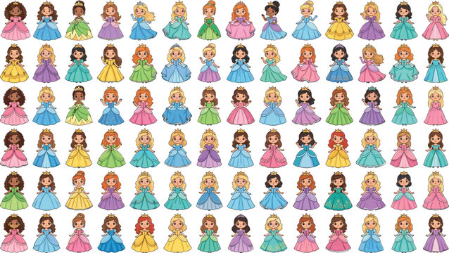 Large collection of cute little princess vector characters wearing colorful ball gowns and crowns for children's fairytale, birthday party, and storybook design projects.