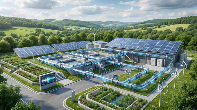 Futuristic Sustainable Energy Facility with Solar Panels and Wind Turbines in a Green Landscape